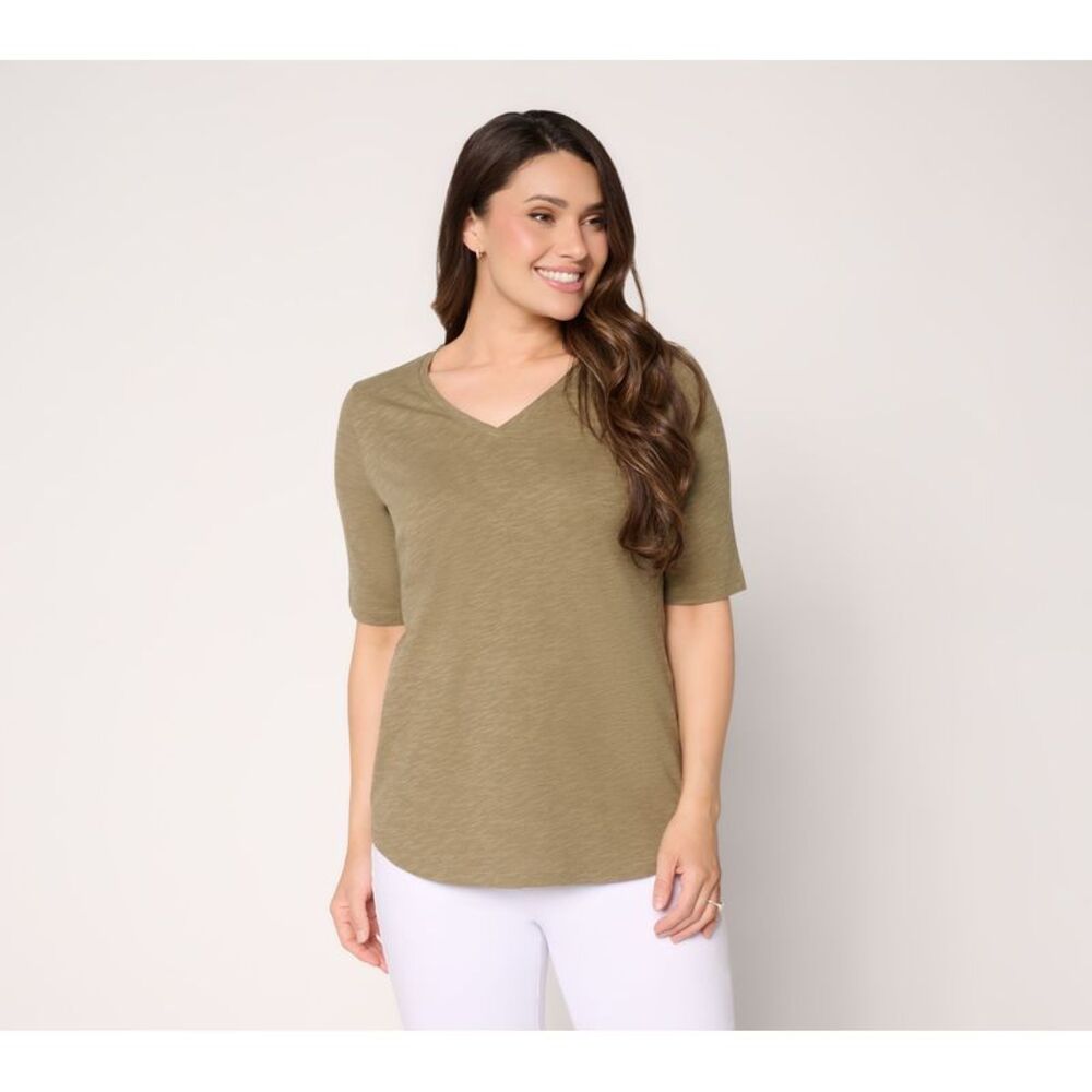 Denim & Co. Women's Top Sz XL Essentials Slub Jersey Elbow Sleeve Green